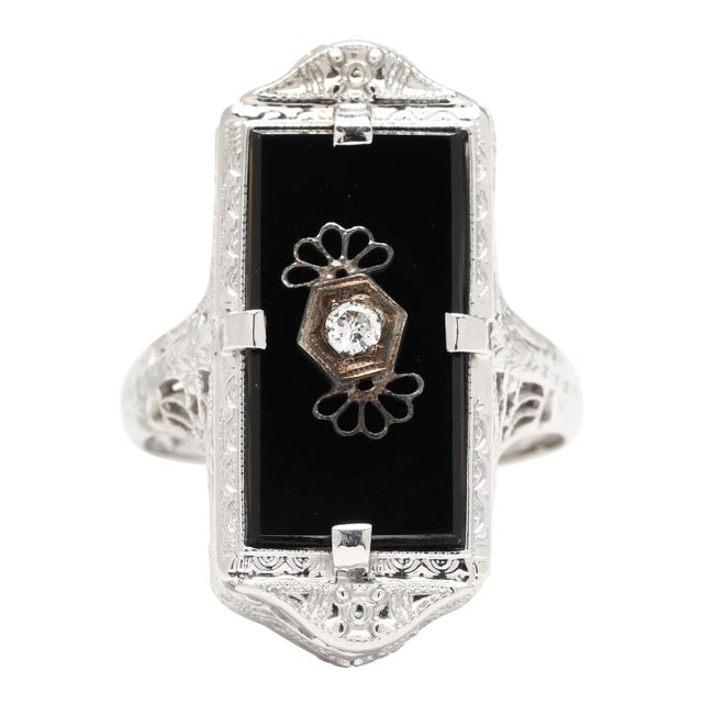 Vintage Black Onyx & Diamond Filigree Ring, 14k White Gold, Ring Size 5 For Sale