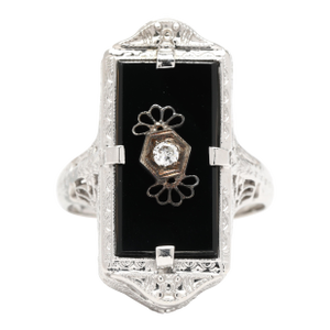 Vintage Black Onyx & Diamond Filigree Ring, 14k White Gold, Ring Size 5