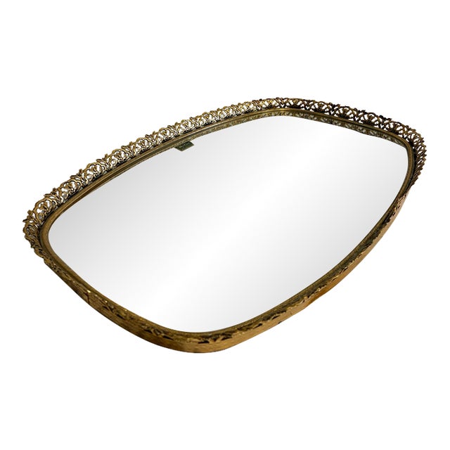 Vintage Matson 24k Gold Plated Filigree Mirror Vanity Tray For Sale