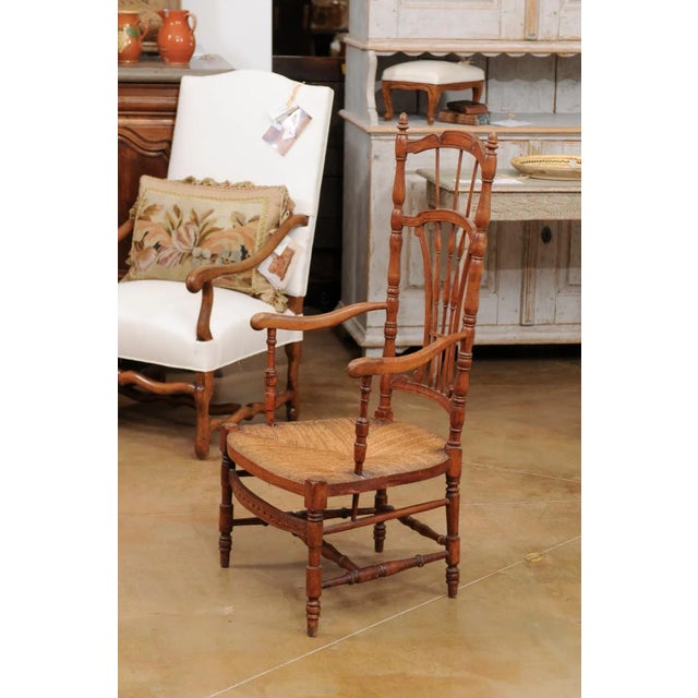 Rustic Late 19th Century French Cherry Wood Armchair with Rush Seat and Sheaf Back For Sale - Image 3 of 13