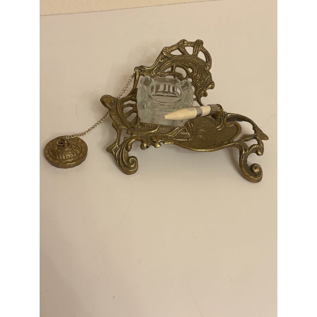 Victorian 1980s Large Brass and Glass Inkwell, No Pen Included For Sale - Image 3 of 5