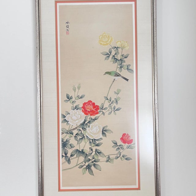 1970s Hand-painted silk panels Chinoiserie birds and flowering branches w/ glare-free glass stamped signed - Set of 2 Framed For Sale - Image 9 of 18