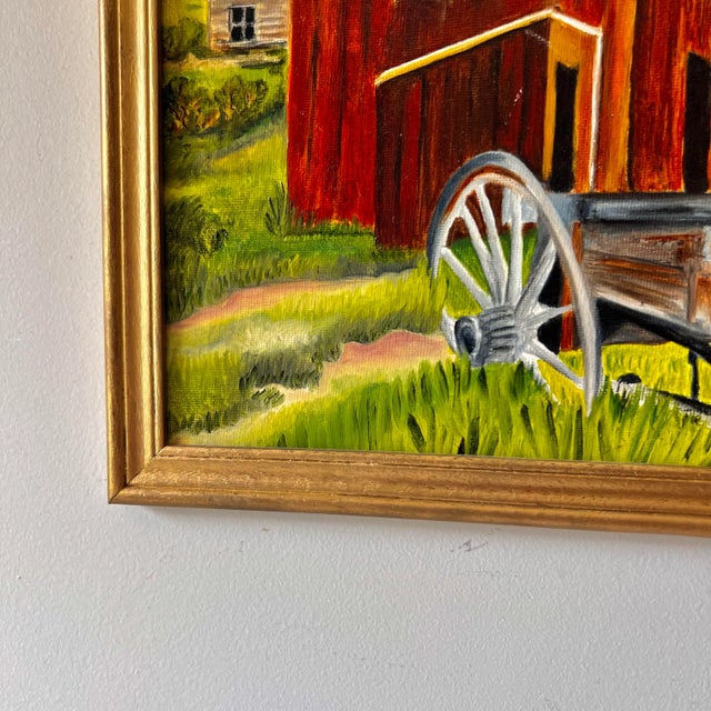 American Late 20th Century Vintage Framed Colorful Farm Barn Landscape Painting in Gold Gilt Frame For Sale - Image 3 of 6