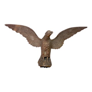 Antique Solid Brass Bronze Open Winged American Eagle Bird Heavy Flag Finial For Sale