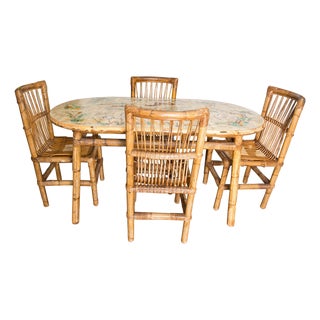 1960s Rattan Dining Table and Chairs Set by Audoux and Minet, France For Sale