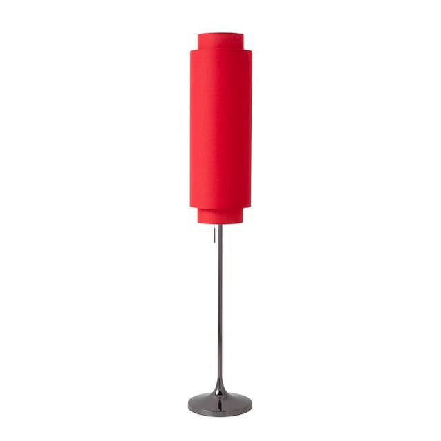 Lollipop Floor Lamp - Black Nickel, Crimson Red Linen Double Shade, on/Off Pull Chain For Sale In Los Angeles - Image 6 of 16