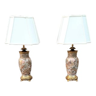 Pair of Antique Japanese Satsuma Porcelain Lamps With Ormolu Mounts For Sale