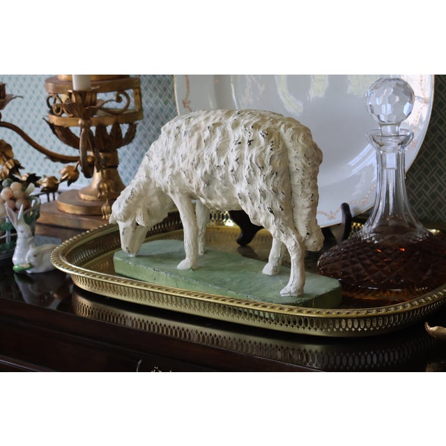 Green Vintage Hand-Painted English Country Grazing Sheep Sculpture on Green Plinth For Sale - Image 8 of 18