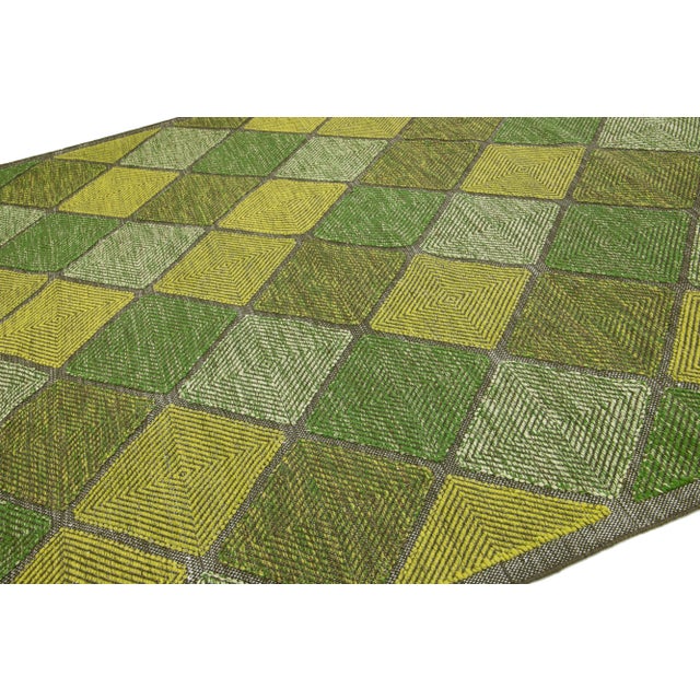 Textile Green Contemporary Swedish Style Wool Rug Handmade With Geometric Pattern For Sale - Image 7 of 9