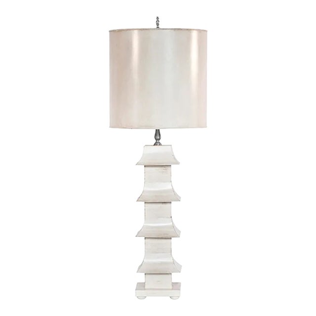 Matthew Izzo Home Tall Handpainted White Pagoda Tole Table Lamp With Handpainted Metal Shade - Lmph7 For Sale