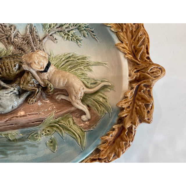 Digoin & Sarreguemines Rare 19th Century French Sarreguemines Majolica "The Hunt of the Wolves" Barbotine Platter, Rare Turquoise Color. For Sale - Image 4 of 17