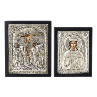 Orthodox Icons with Silver Plating, 1900s, Set of 2 For Sale