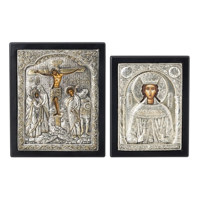 Orthodox Icons with Silver Plating, 1900s, Set of 2 For Sale