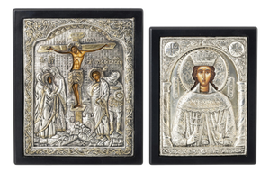 Orthodox Icons with Silver Plating, 1900s, Set of 2