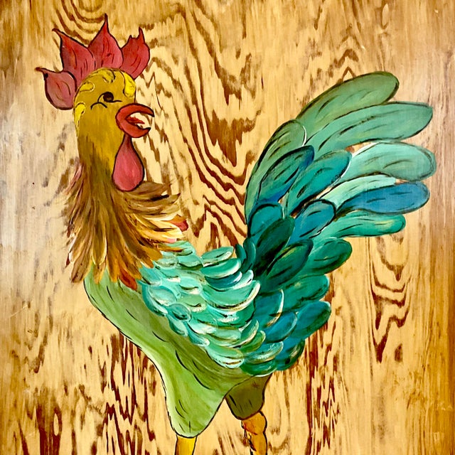 1970s 1970s Mid-Century Farmhouse Chic Original Acrylic Painting, Chicken on Pine Wood For Sale - Image 5 of 14