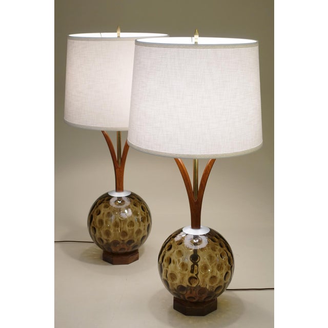 Amber 1960s Matched Pair XL Tiki Modern Pineapple Sculpture Glass Globe Walnut Table Lamps Witco For Sale - Image 8 of 10