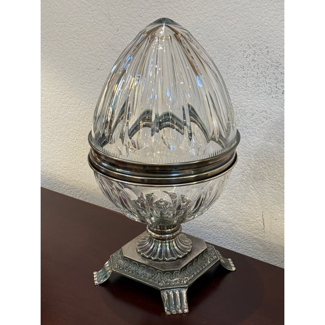 French Cut Glass and Silver-Plate Egg Shaped Vessel For Sale - Image 3 of 12