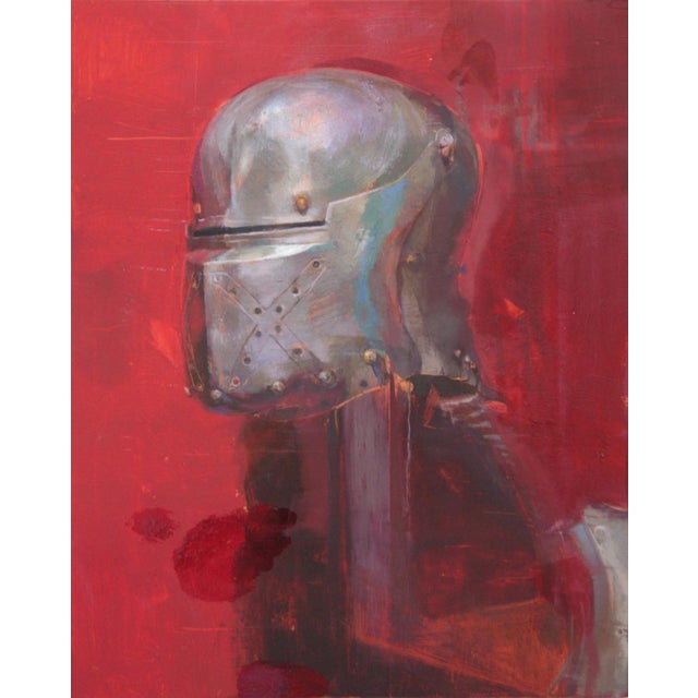 Allude to the Cross of St. Andrew by Elena Burykina | Oil on panel Helmet against a red background For Sale