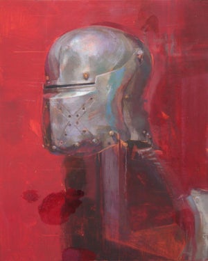 Allude to the Cross of St. Andrew by Elena Burykina | Oil on panel Helmet against a red background