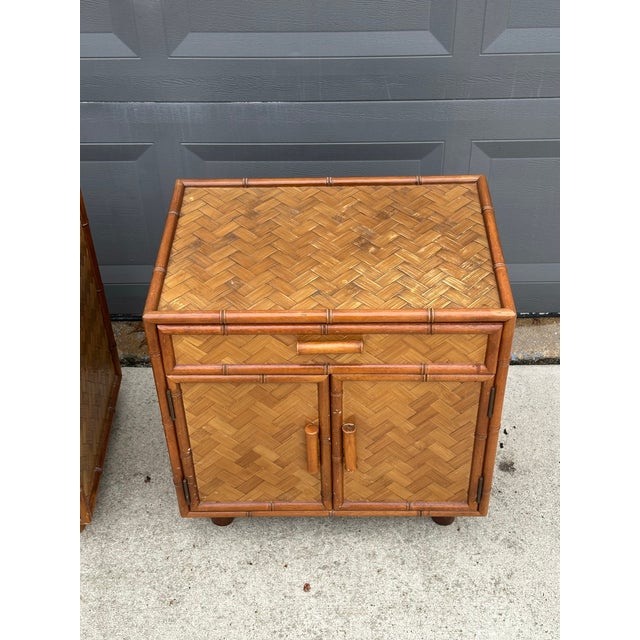 Brown 1980s Faux Bamboo and Herringbone Cane Nightstands - A Pair For Sale - Image 8 of 12