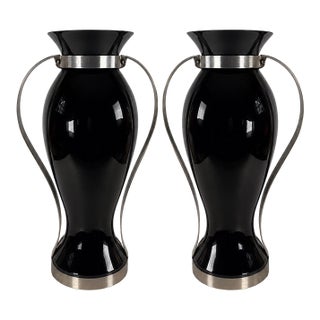 Italian Black Glass and Stainless Steel Vases - A Pair For Sale