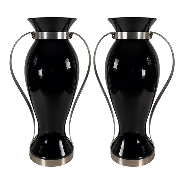 Italian Black Glass and Stainless Steel Vases - A Pair For Sale