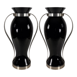 Italian Black Glass and Stainless Steel Vases - A Pair