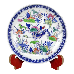 Chinese Vintage Ceramic Plate,Blue and White Famille Verte Porcelain Plate Hand Painted Fishes and Waterweeds Pattern
