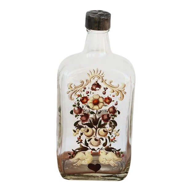 Antique Art Deco Enameled Glass Brandy Bottle Depicting Birds and Flowers For Sale