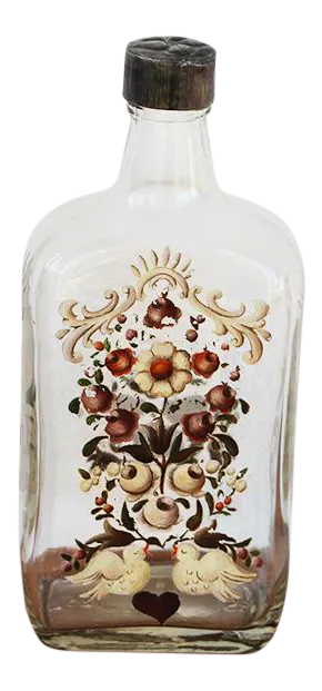 Antique Art Deco Enameled Glass Brandy Bottle Depicting Birds and Flowers