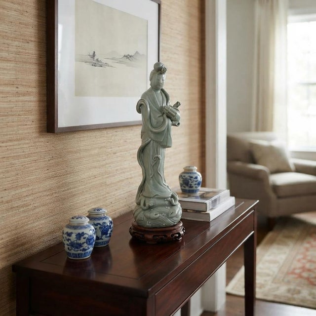 This Chinese porcelain figure depicts Guanyin, the Goddess of Mercy, standing gracefully atop a stylized base of swirling...