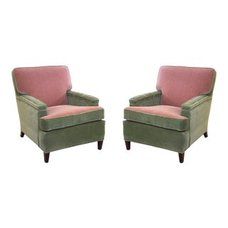 1950s Art Deco Lawson-Back Just-Reupholstered Green & Pink Mohair Club Chairs For Sale
