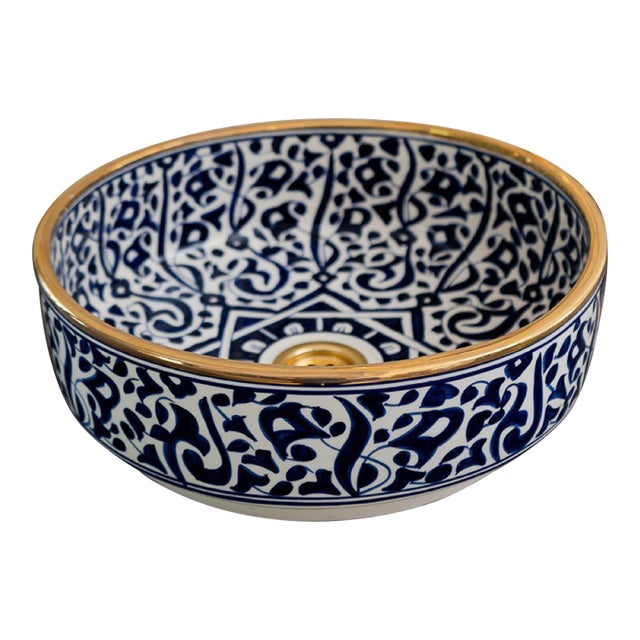 Moroccan Handmade Ceramic Brass Rim Countertop Bathroom Sink For Sale