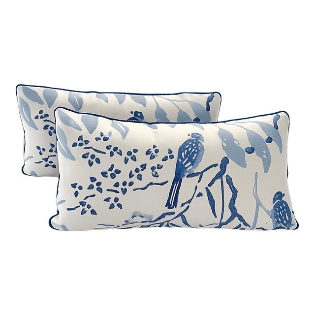 A Pair of Blue & White Bird Print Lumbar Pillows With Contrast Piping For Sale