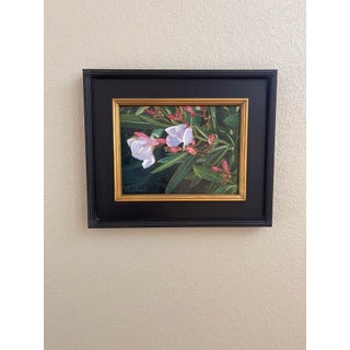 Oleander by Sheri Farabaugh | Oil on Board Painting of white oleander flowers and green leaves For Sale