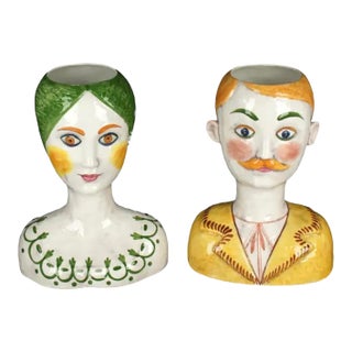Pair Italian Horchow Faience Ceramic Busts Vintage Mid Century For Sale