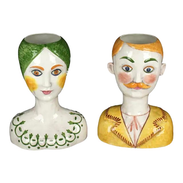 Pair Italian Horchow Faience Ceramic Busts Vintage Mid Century For Sale