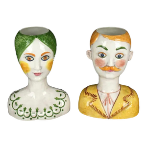 Pair Italian Horchow Faience Ceramic Busts Vintage Mid Century