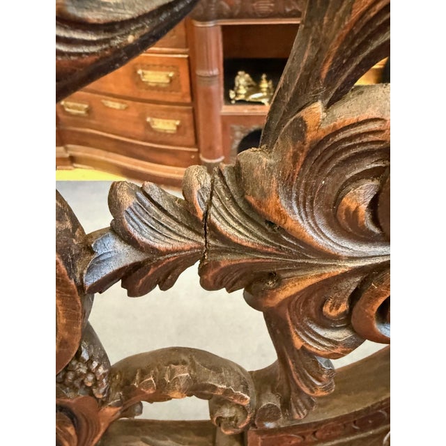 Antique Pair of Carved Walnut Jacobean Revival Throne Chairs With Red Leather Seats For Sale - Image 15 of 16