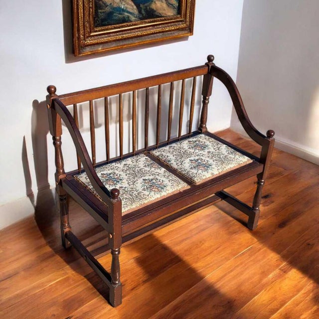 Vintage Spindle Back Wood Settee With Floral Cushions For Sale - Image 16 of 16