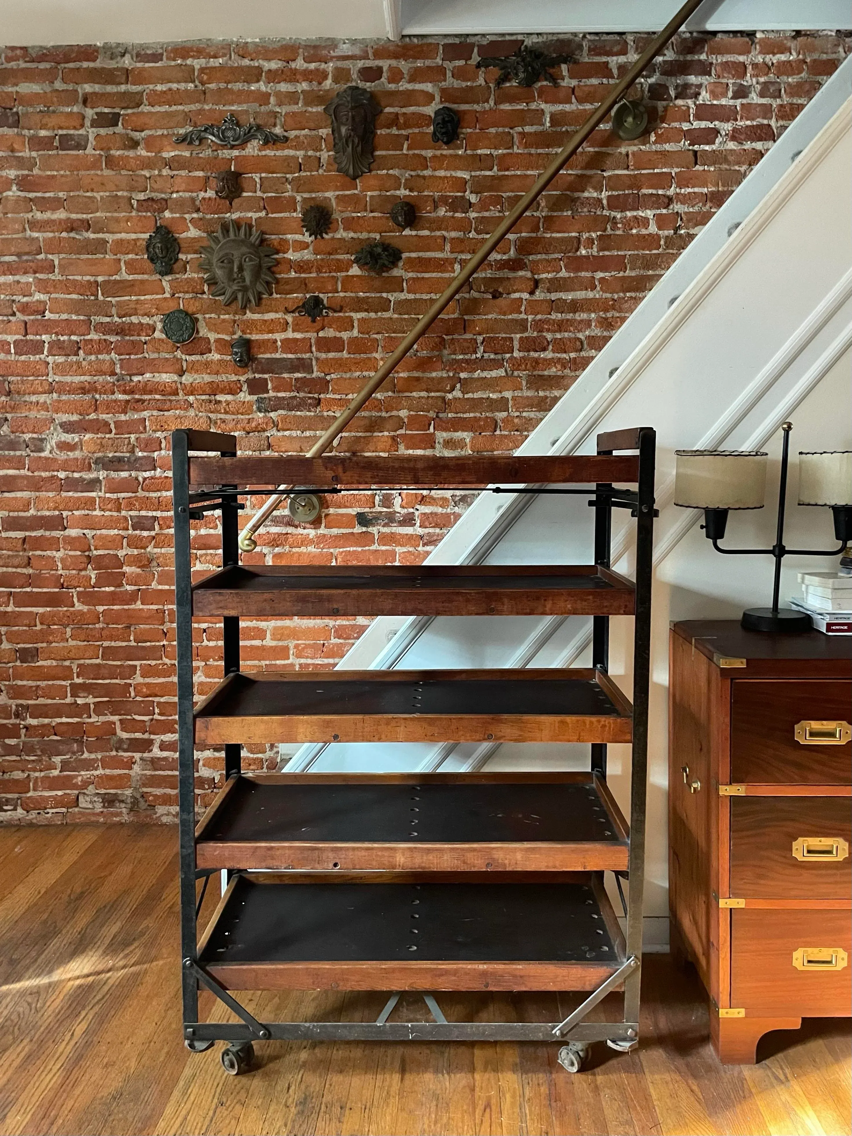 Antique Industrial Neverax Wood and Iron Rolling Open Shelving