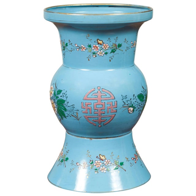 Vintage Chinese Hand Painted Blue Metal Vase with Calligraphy and Floral Décor For Sale - Image 12 of 12