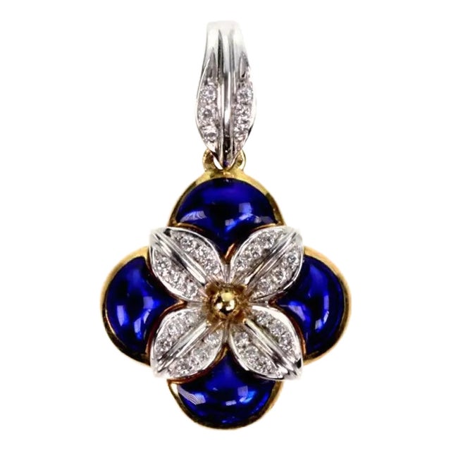 H.Stern 18k Two Tone Diamond Blue Enamel Gold Flower Pendant For Sale
