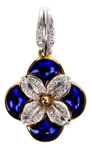 H.Stern 18k Two Tone Diamond Blue Enamel Gold Flower Pendant