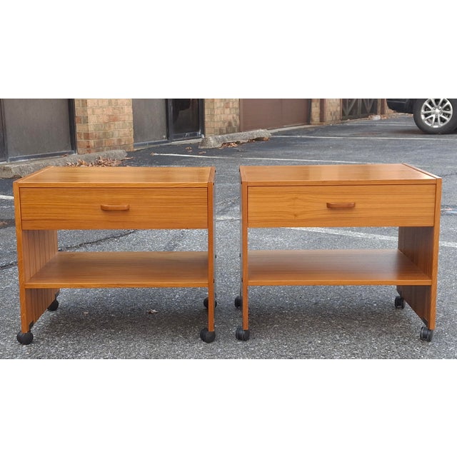 Mid-Century Modern Late 20th Century Pair Scandinavian Modern Teak Rolling Side Tables or Nightstands For Sale - Image 3 of 9