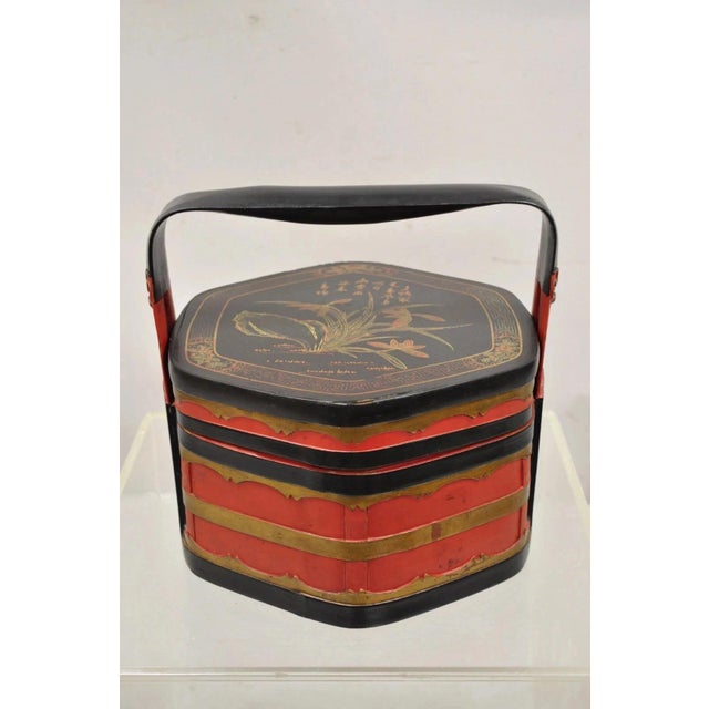 Vintage Chinese Black & Red Lacquer Floral Painted Lidded Wooden Tea Caddy Box. Circa Mid 20th Century. Measurements: 11"...