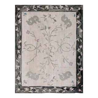 1900s Ivory Folk Art Floral Antique American Hooked Small Rug For Sale