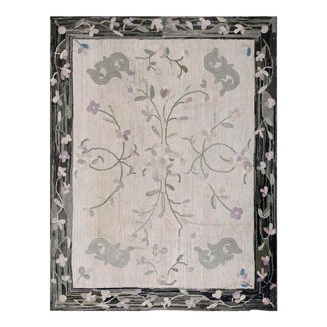 1900s Ivory Folk Art Floral Antique American Hooked Small Rug For Sale