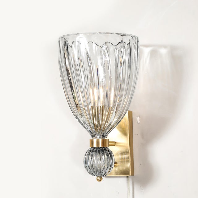 Metal Modernist Orbital Drop Hand-Blown Murano Fluted Smoked Blue Gray Glass Sconces For Sale - Image 7 of 13