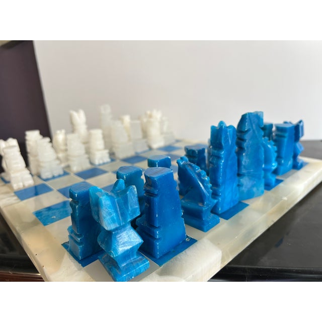 Vintage Blue and White Hand Carved Onyx Aztec Design Chess Set For Sale - Image 10 of 12